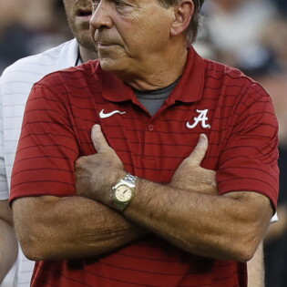 COLLEGE STATION, TEXAS - OCTOBER 09: Head coach Nick Saban of the Alabama Crimson Tide during pregames activities before playing the Texas A&M Aggies at Kyle Field on October 09, 2021 in College Station, Texas. (Photo by Bob Levey/Getty Images)