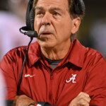 2H19YHF Starkville, MS, USA. 16th Oct, 2021. Alabama Crimson Tide head coach Nick Saban looks to the jumbotron during the NCAA football game between the Alabama Crimson Tide and the Mississippi State Bulldogs at Davis Wade Stadium in Starkville, MS. (Photo by : Kevin Langley/CSM). Credit: csm/Alamy Live News