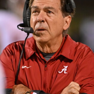 2H19YHF Starkville, MS, USA. 16th Oct, 2021. Alabama Crimson Tide head coach Nick Saban looks to the jumbotron during the NCAA football game between the Alabama Crimson Tide and the Mississippi State Bulldogs at Davis Wade Stadium in Starkville, MS. (Photo by : Kevin Langley/CSM). Credit: csm/Alamy Live News