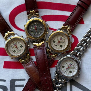 Four versions of the S/el Chronograph Compared, Left to right -- Original S25.706C, First Revision S25.206, Final Revision CG1123, and CG1111